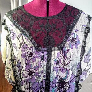 Bisou Bisou Pleat Front Black Lace Neck & Trim Top